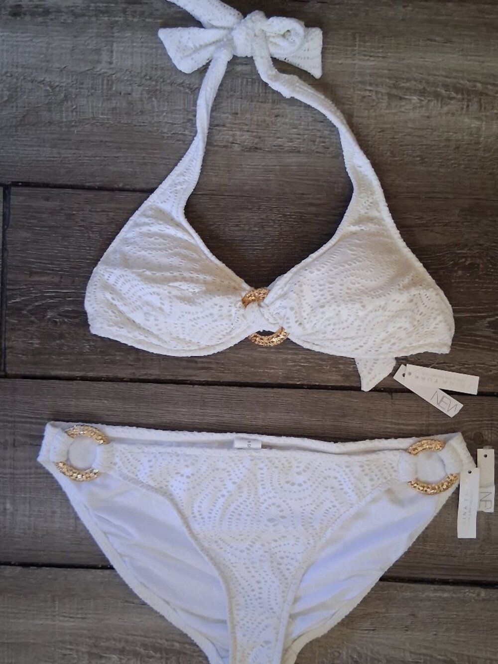 Trina Turk White Halter Bikini with Gold Accents